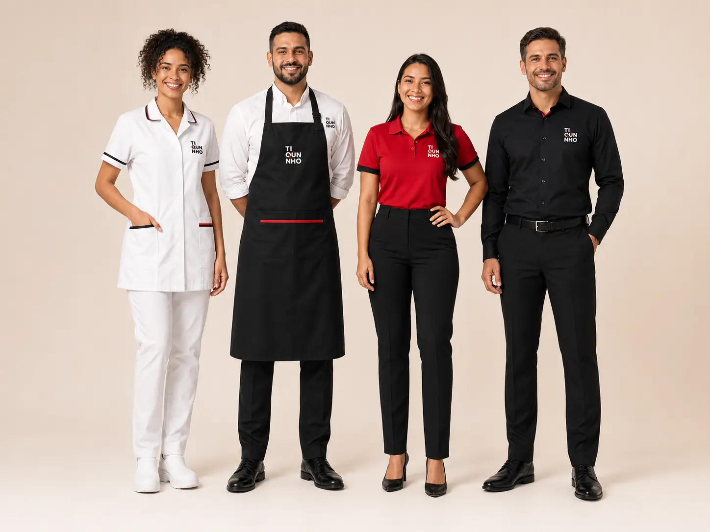 Profissionais de comércio e prestação de serviços usando uniformes personalizados
