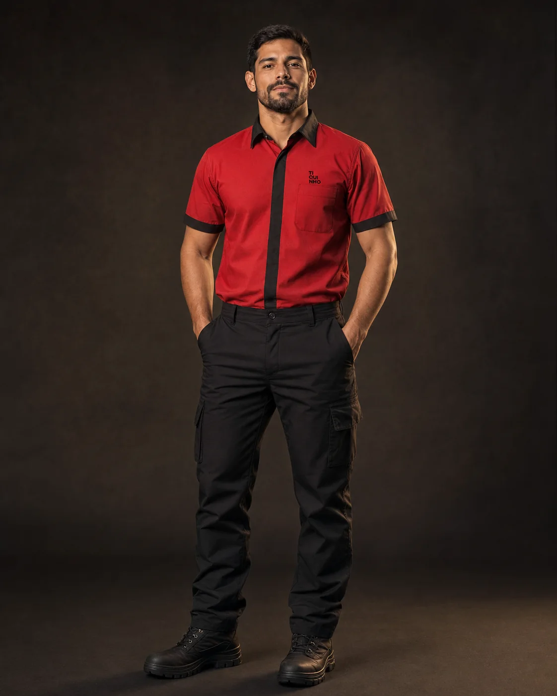 Profissional com uniforme operacional vermelho e preto Tiquinho