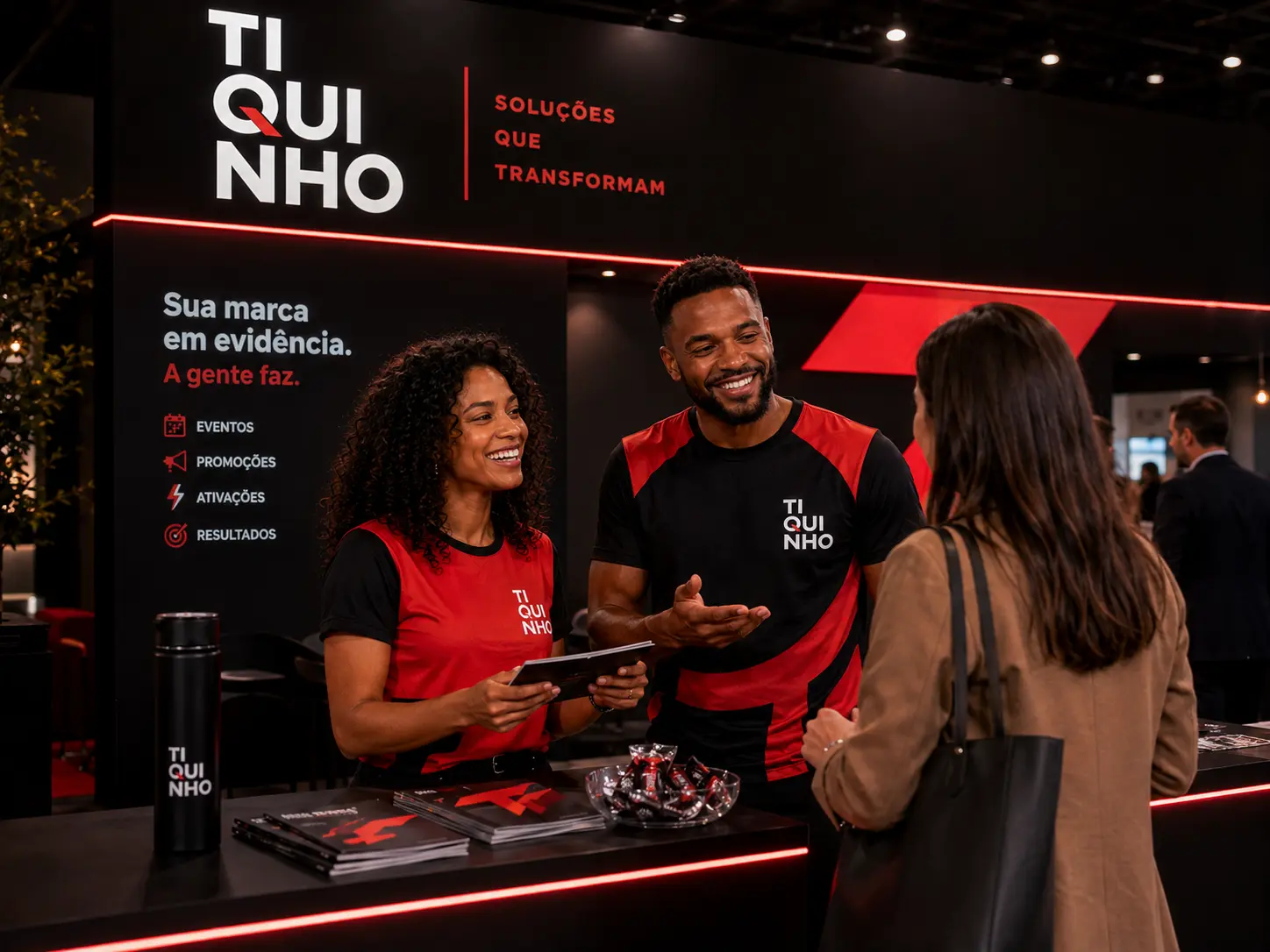 Equipe Tiquinho atendendo visitante em evento corporativo em Barretos