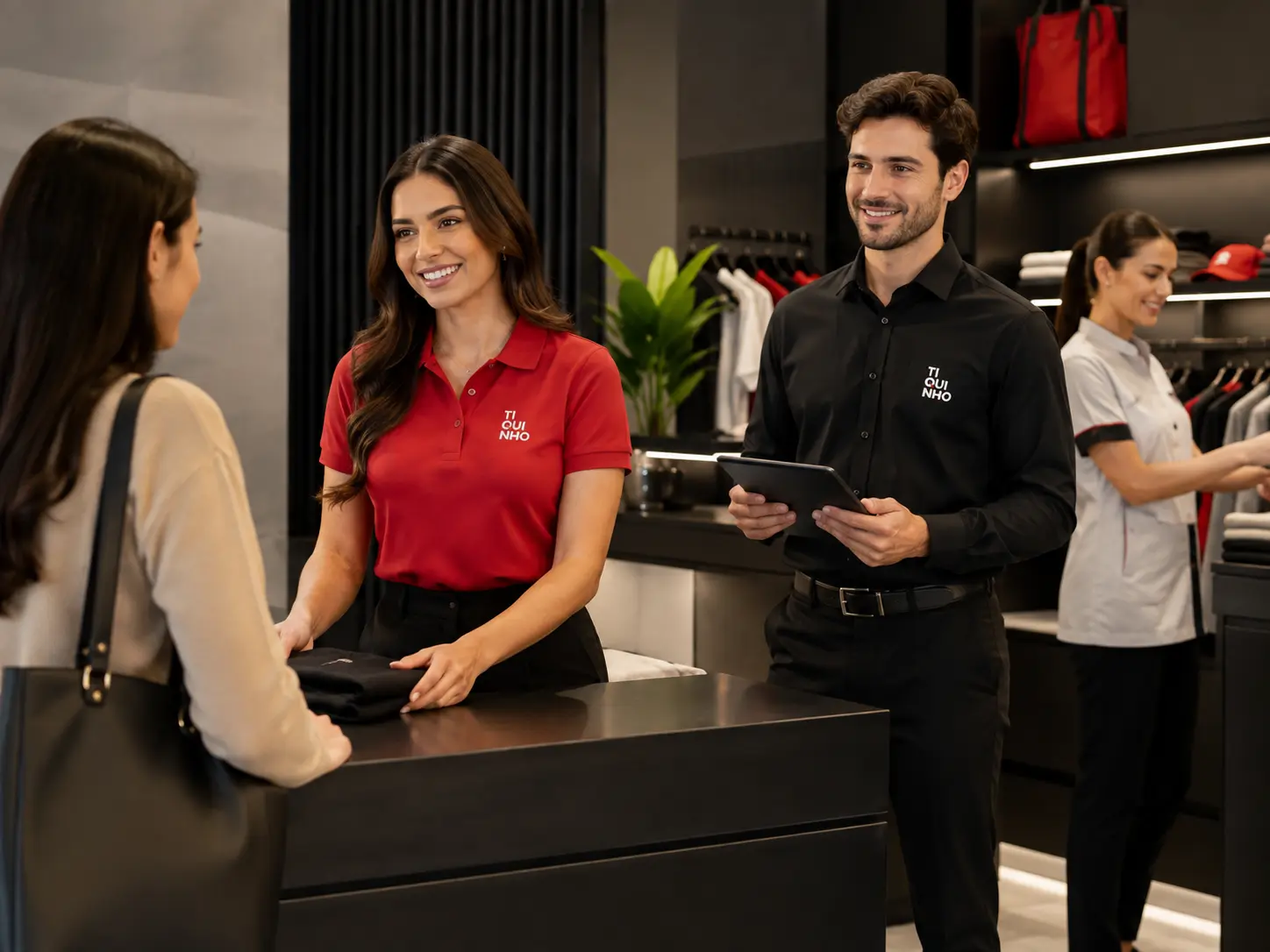Equipe uniformizada atendendo cliente em loja moderna