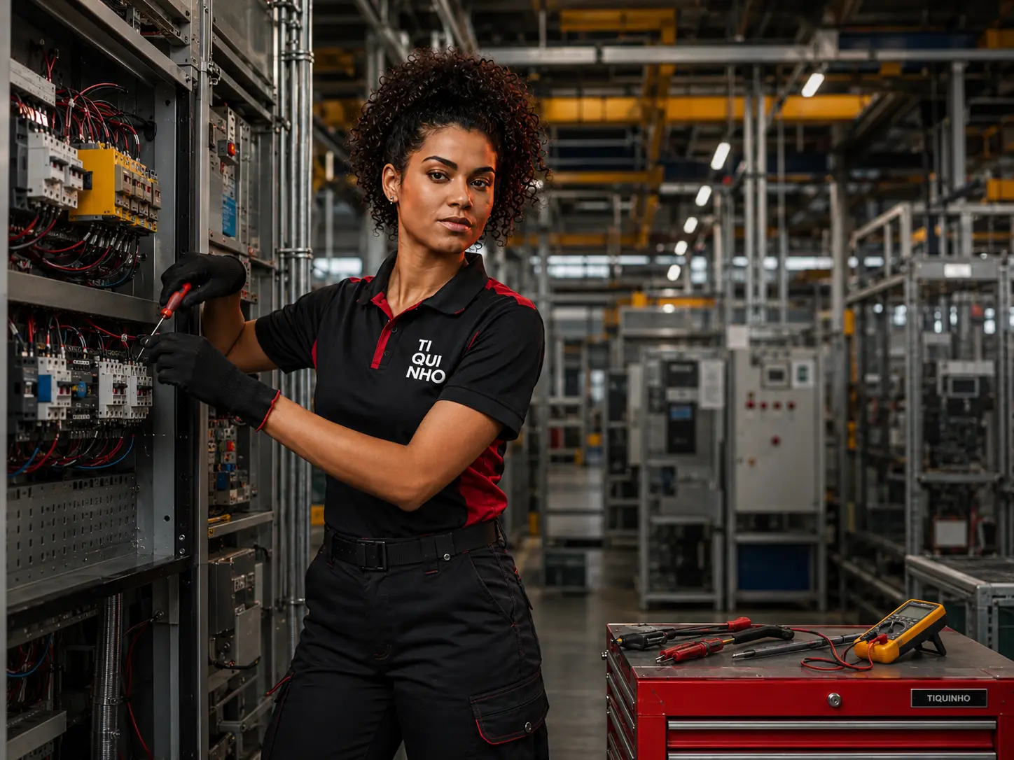Profissional de manutenção elétrica usando uniforme personalizado em ambiente industrial