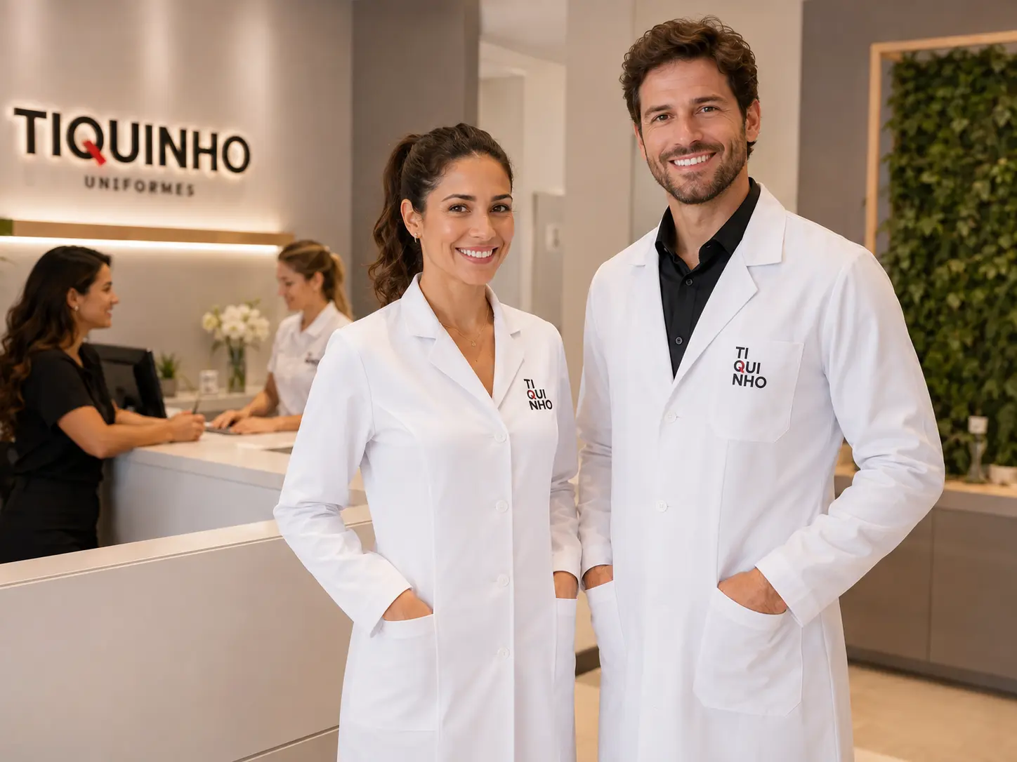 Profissionais de clínica usando jalecos personalizados em ambiente de saúde